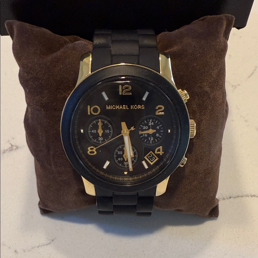 Michael Kors Black And Gold Watch With Chronograph
